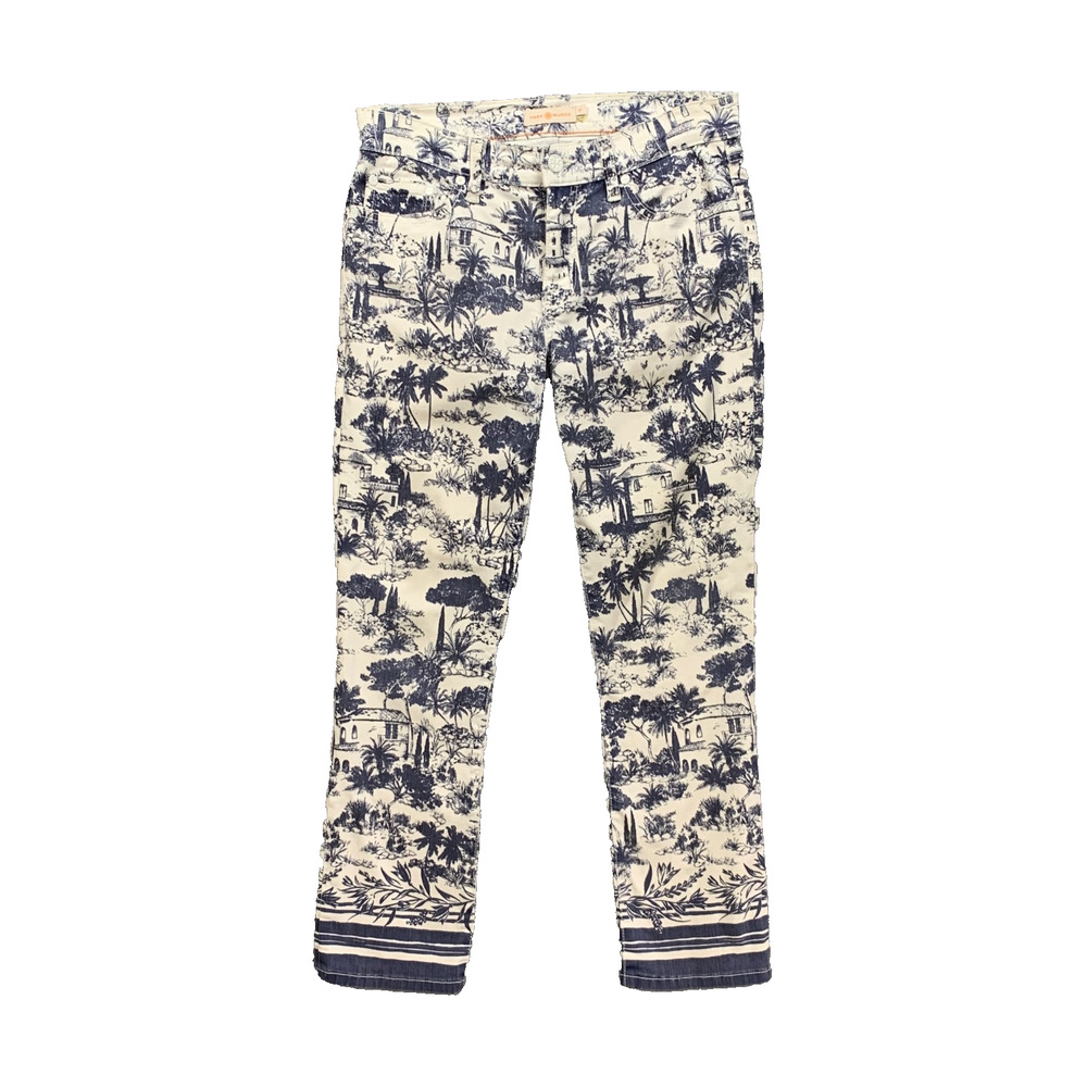 Tory Burch Jeans Womens 27 White Navy Tropical Toile Print Straight Leg Mid Rise